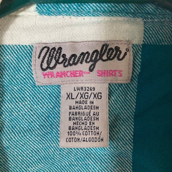 Girls Wrangler Wrancher Buffalo Check Flannel Snap Shirt Green White XL - Picture 6 of 6